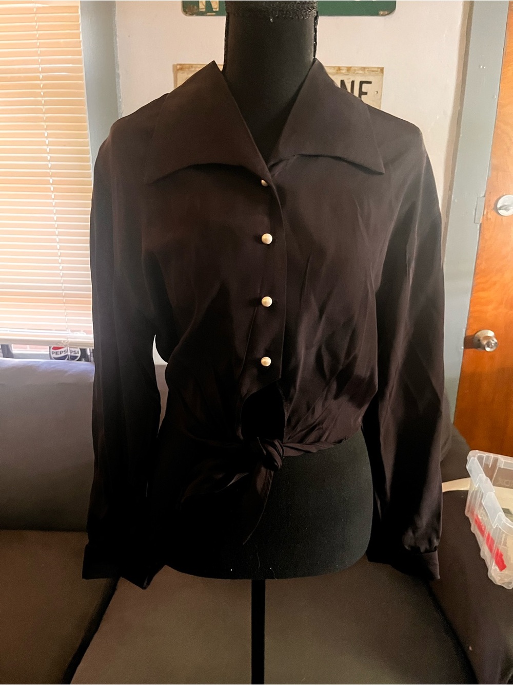 Vintage Classic Black Tie-Front Women's Blouse